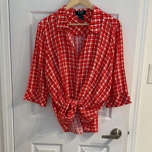 French Dressing Jeans Women's Red Plaid Button-Up Shirt Plus Size 16